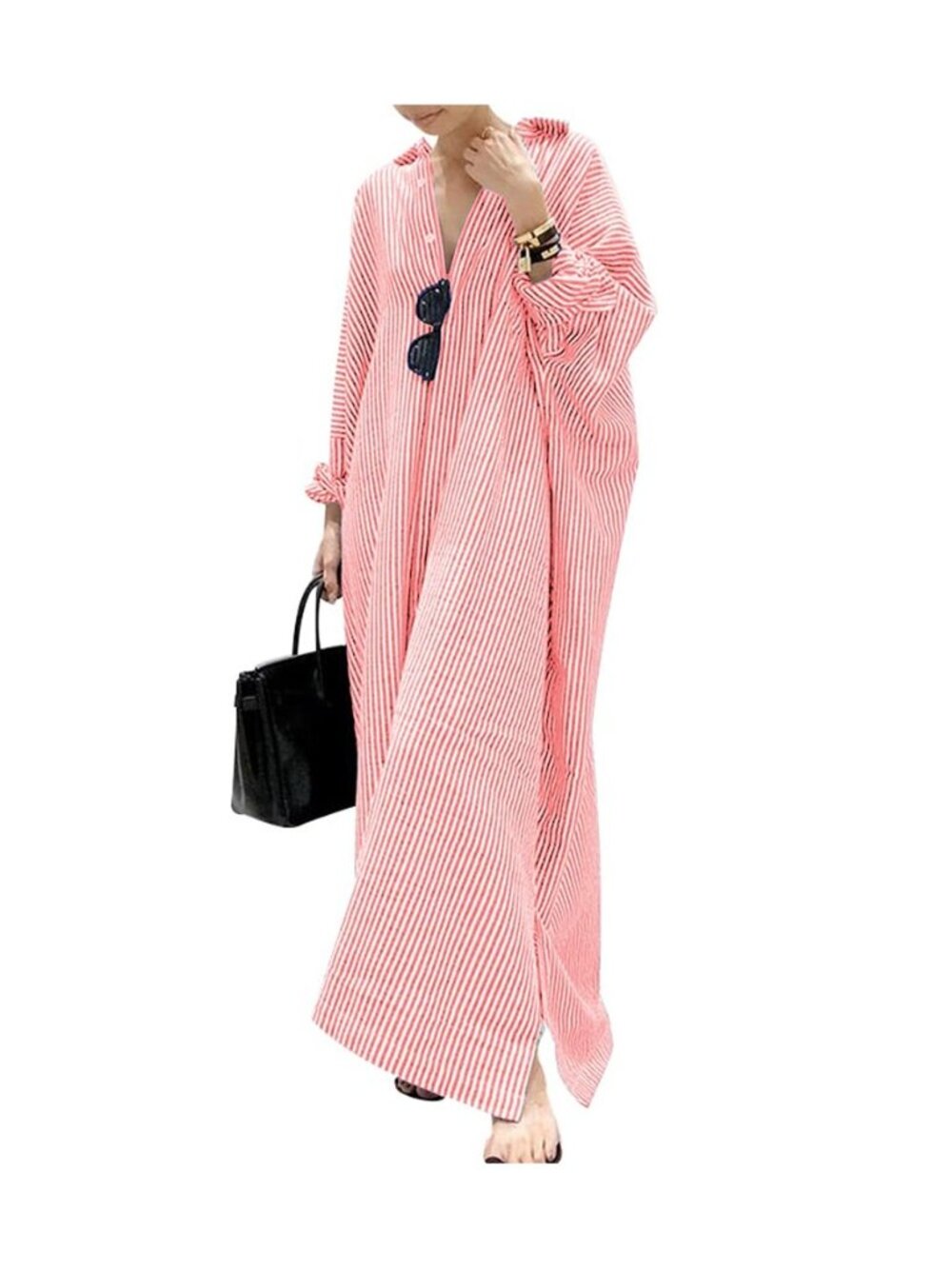 Women's Casual Long Sleeve Button Down Loose Striped Cotton Maxi Shirt Dress